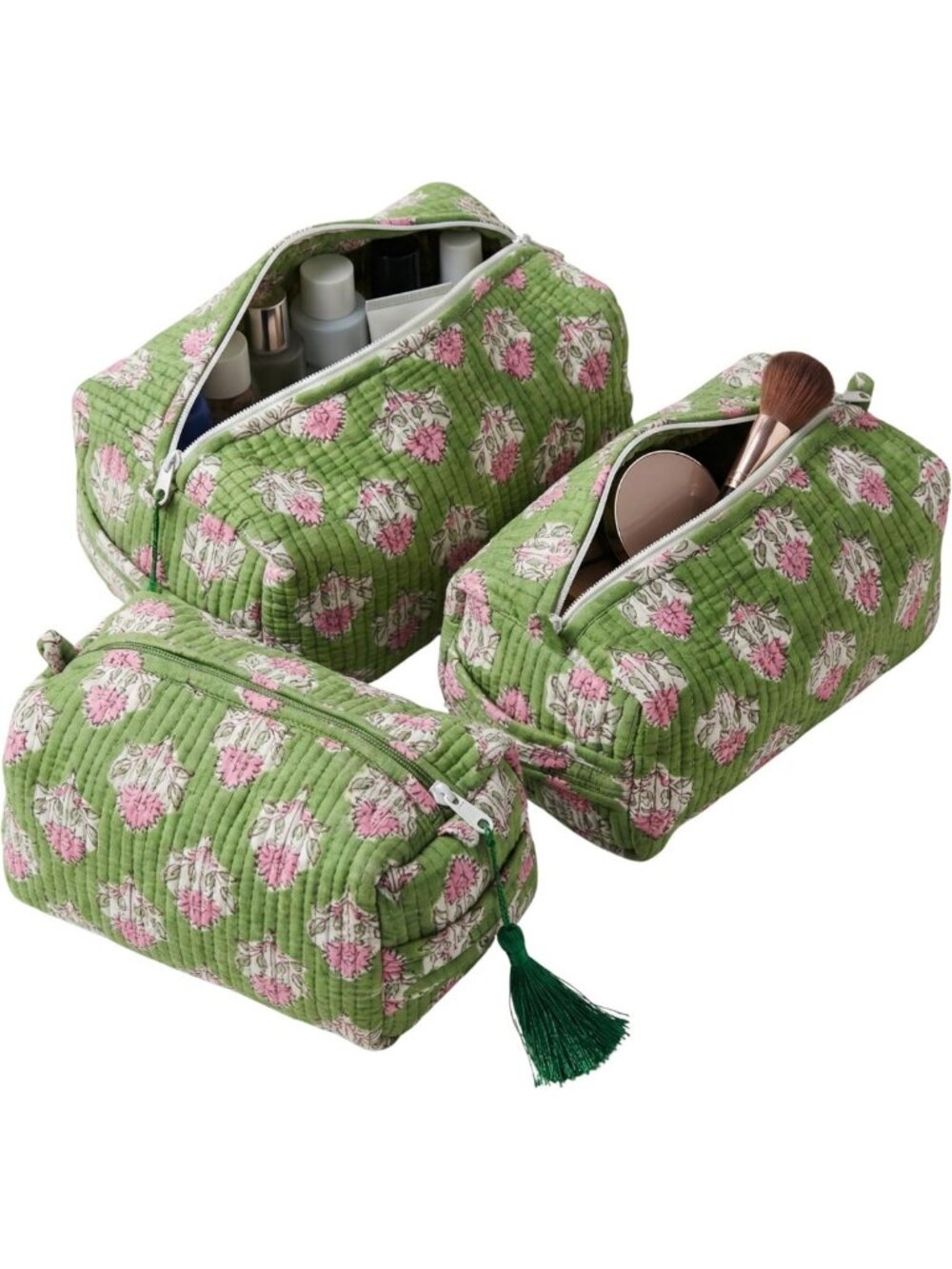 Set of 3 Cotton Handblock Print Quilted Travel Makeup Bags - Waterproof, Jewelry